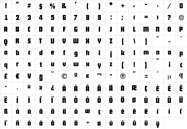 AllisonBecker Bold  glyph index