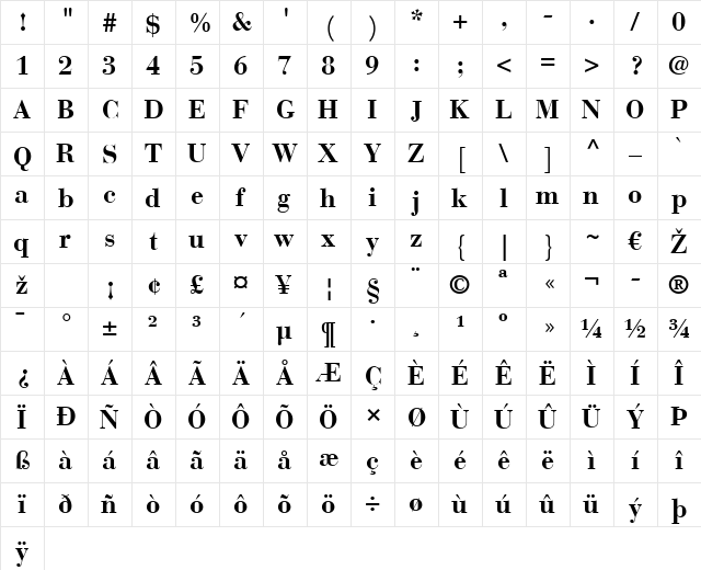 BauerBodoni LT Bold  glyph index
