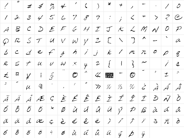 ReedsHand Regular  glyph index