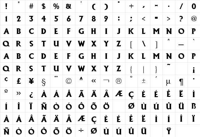 Alexander Black Regular  glyph index