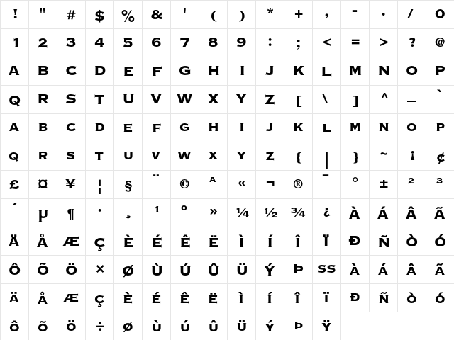 Copperplate Gothic Thirty-Three BC  glyph index