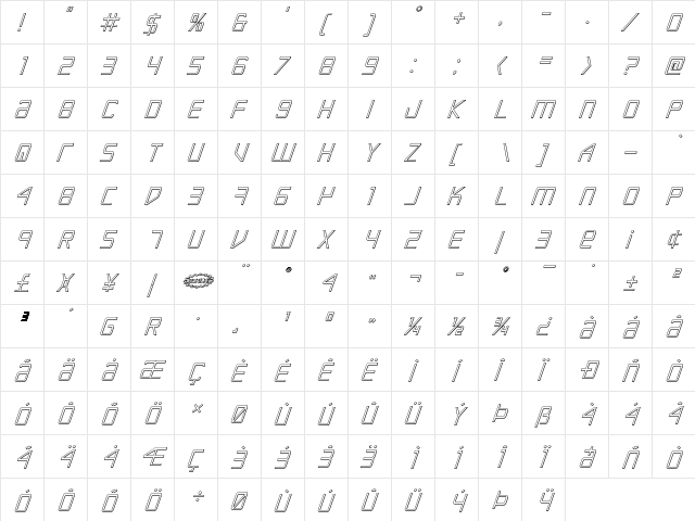 Escape Artist 3D Italic Italic  glyph index