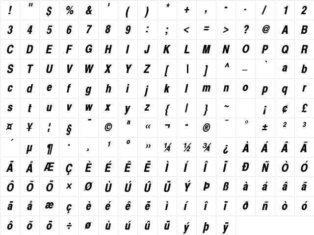 Xerox Sans Serif Narrow Bold Oblique  glyph index