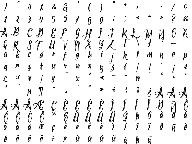 Tipbrush Script 2 Regular  glyph index