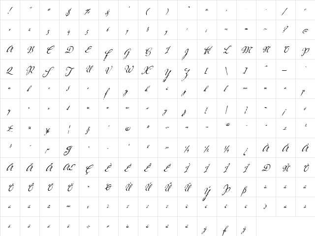 Voluta Script R駵lar Regular  glyph index