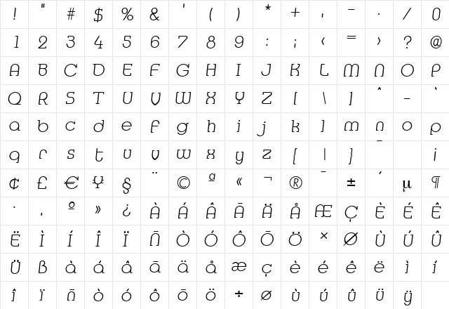 MexicoSerial-Xlight Italic  glyph index