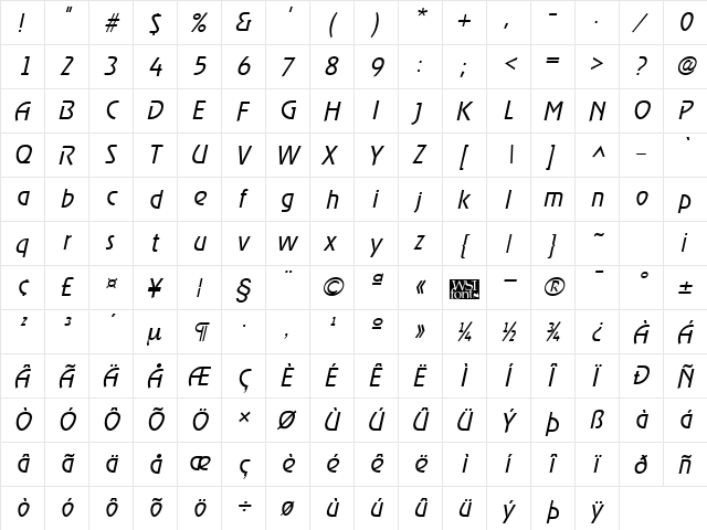 RevelLight Italic  glyph index