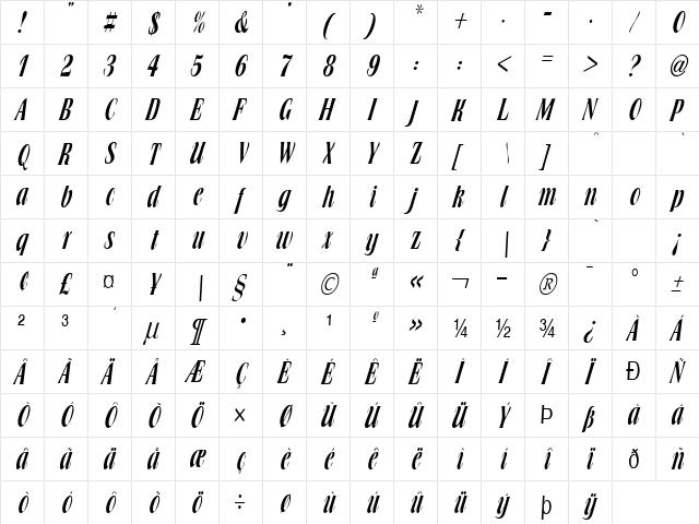 Broach Thin Italic  glyph index