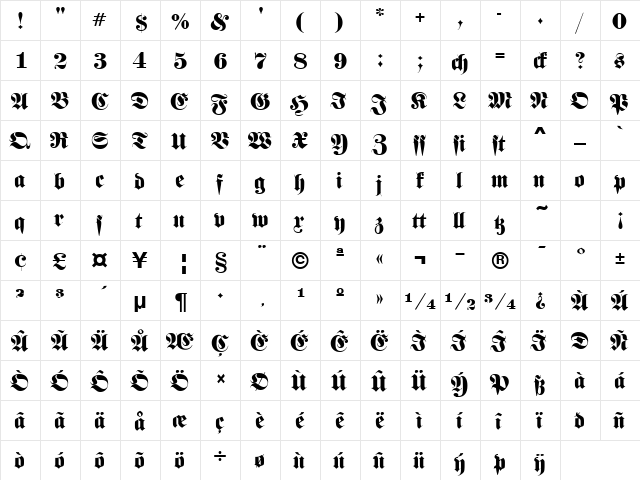Frankenstein SF Regular  glyph index