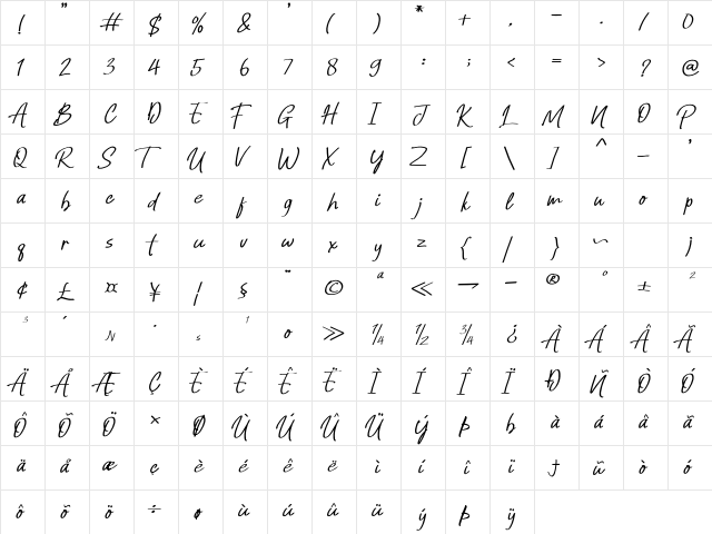 Honey & Lovely Regular  glyph index