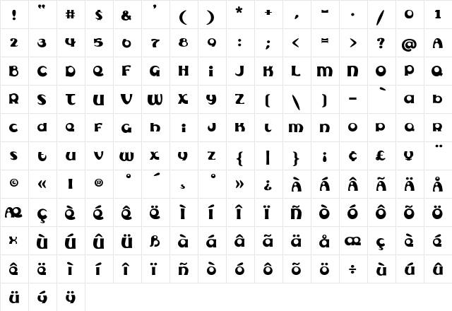 Subelair Regular  glyph index