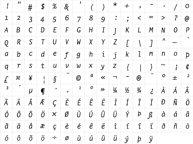 NexusTypewriter-Italic Regular  glyph index