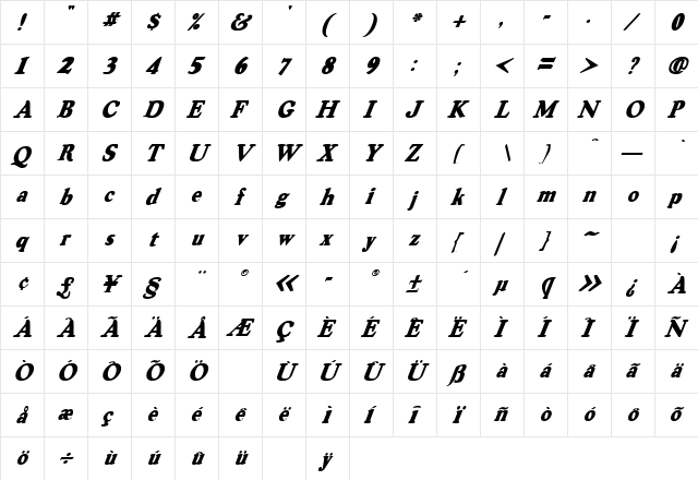 Union Strike 3 Italic  glyph index