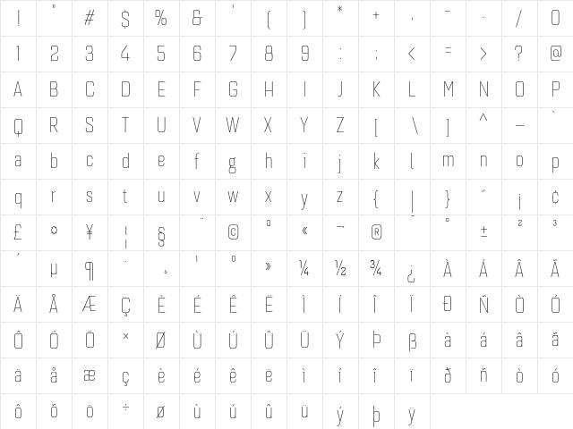 Quarca Cond Thin  glyph index