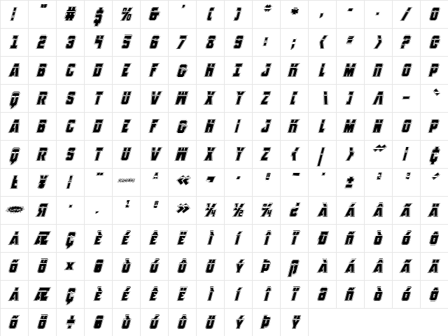 Anitlles Laser Academy Italic Italic  glyph index