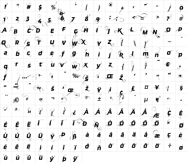 Ginger-RegularFlamboyant Regular  glyph index