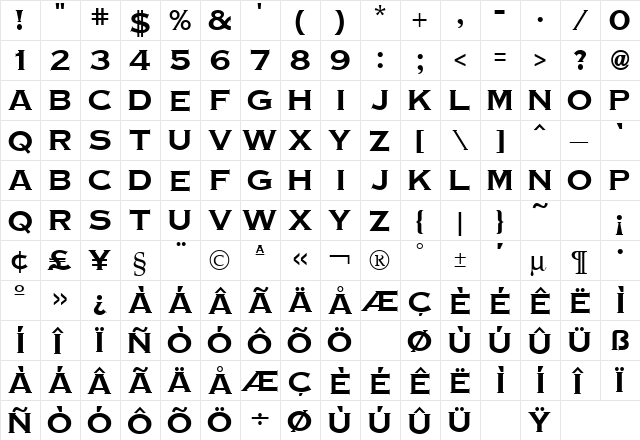 Copperplate Gothic Bold Regular  glyph index