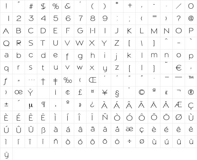 Napoli-Xlight Regular  glyph index