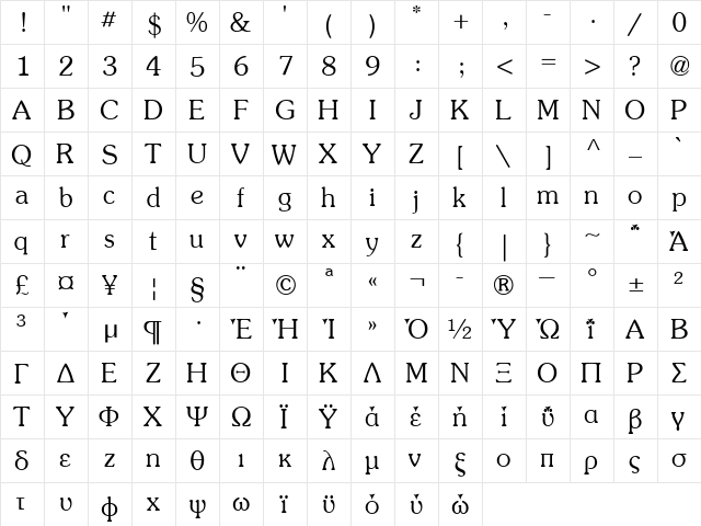 SouvenirGreek Light Regular  glyph index