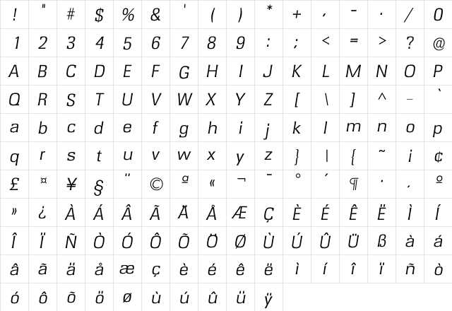 Irochester Light  glyph index
