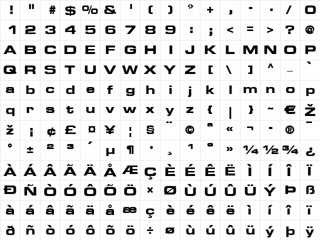 Eurostile LT ExtendedTwo Bold  glyph index