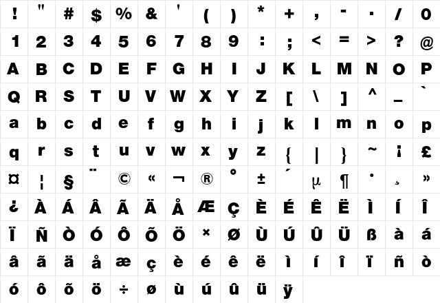 Neue Helvetica BQ Regular  glyph index