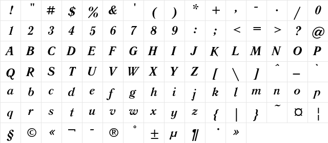 LiteraturnayaC Bold Italic  glyph index