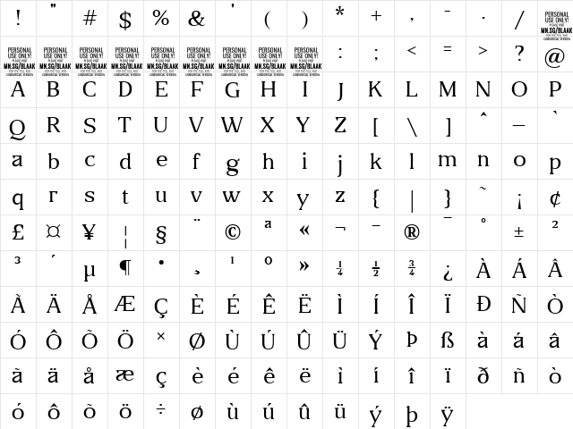 Blaak Thin PERSONAL USE Regular  glyph index