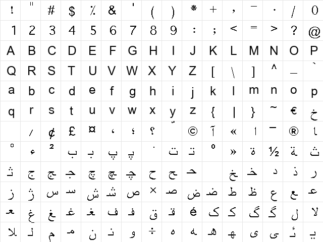 Nimrooz Regular  glyph index