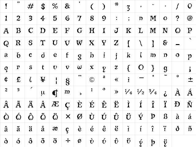 JiggeryPokeryITC TT Regular  glyph index