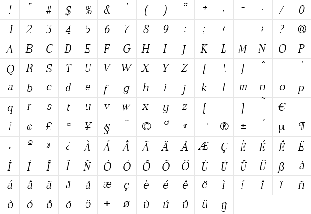 Toledo-LightIta Regular  glyph index