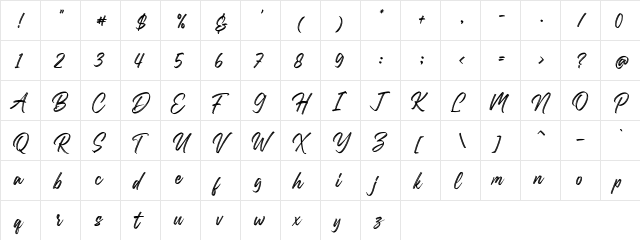 Rastelay Regular  glyph index