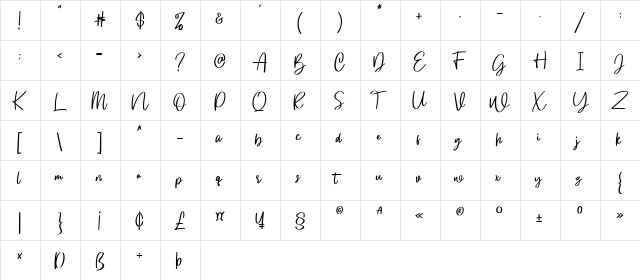 Gloryouss Regular  glyph index