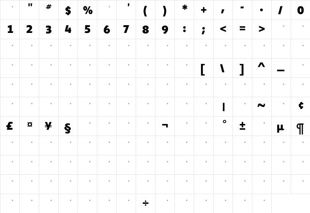 ShinnExtraBoldTab Regular  glyph index