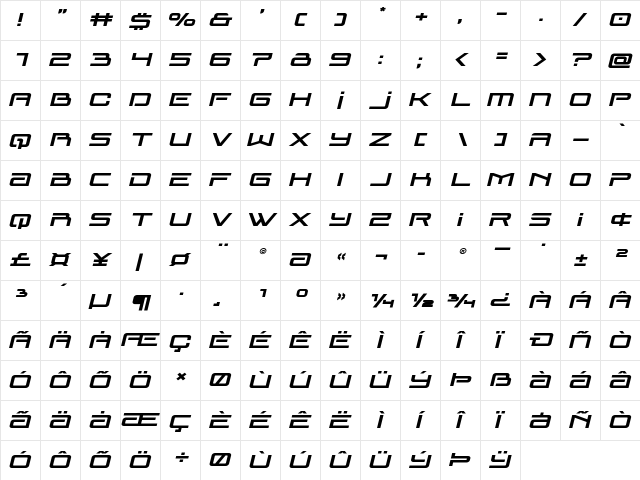 Blade Singer Expanded Italic Regular  glyph index