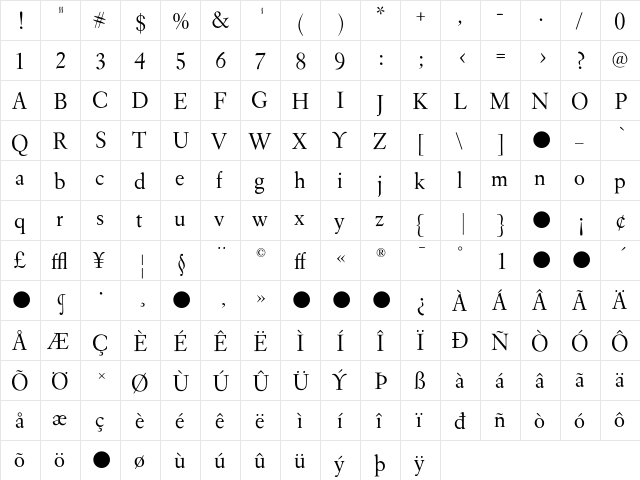 EldoradoDisplay Roman  glyph index