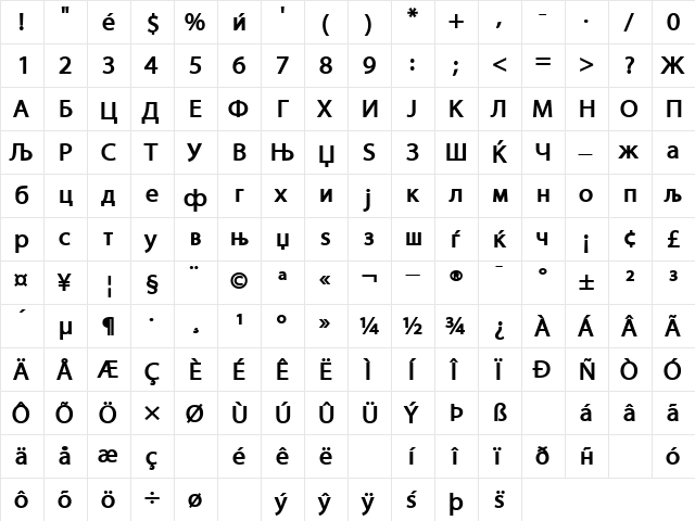 MMyriad Roman Bold  glyph index