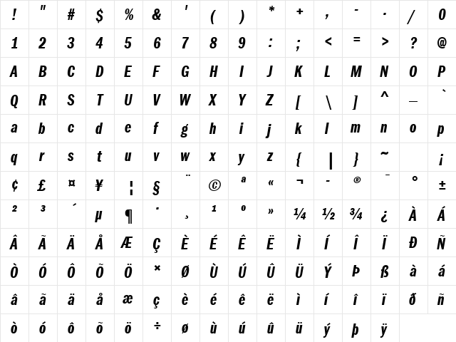 ITC Franklin Gothic LT Com Demi Compressed Italic  glyph index