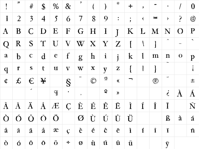 GarfeldAntique Regular  glyph index