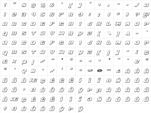 Nuevo Passion 3D Italic Italic  glyph index