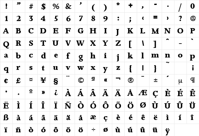 Jessica-Serial-ExtraBold Regular  glyph index