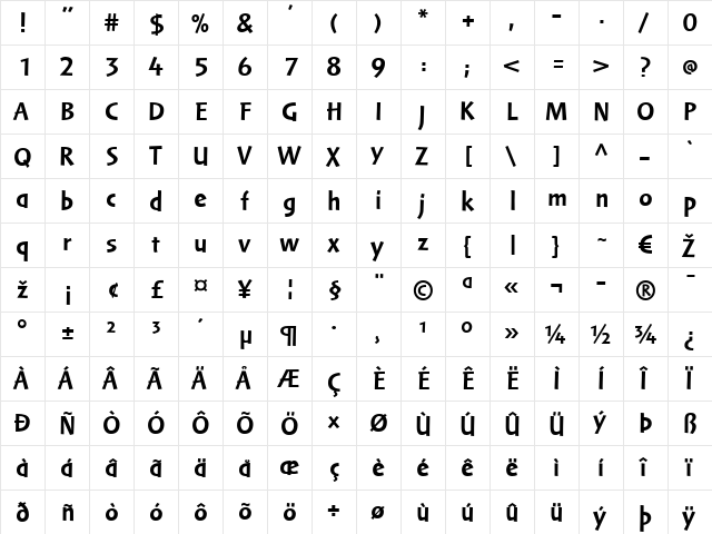 Markin LT Regular Bold  glyph index