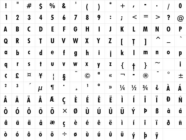 VANIEL BdCn BT Regular  glyph index