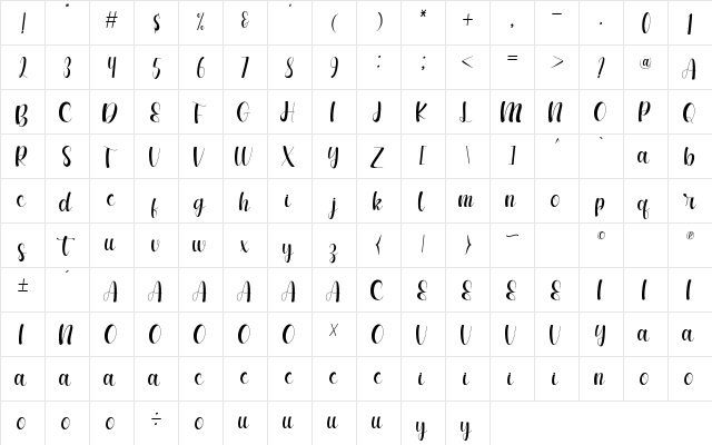 Beautiful Regular  glyph index