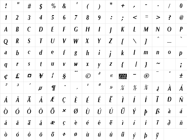 OptaneCompact Bold Italic  glyph index