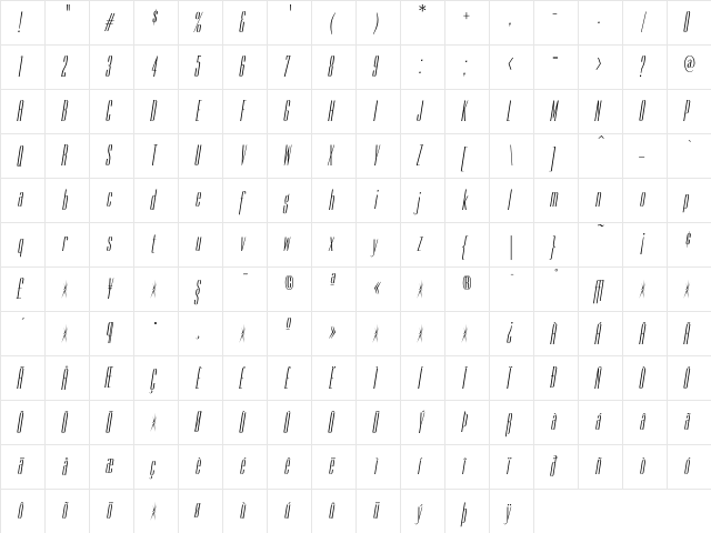 Empire Italic  glyph index