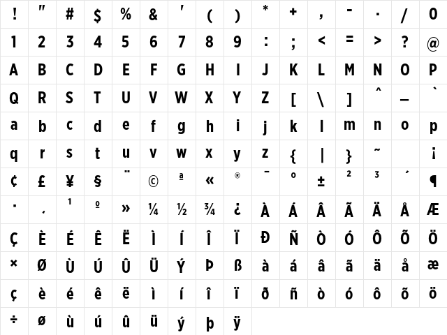 Gotham XNarrow Bold  glyph index