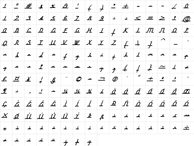 NixonScript Bold Italic  glyph index