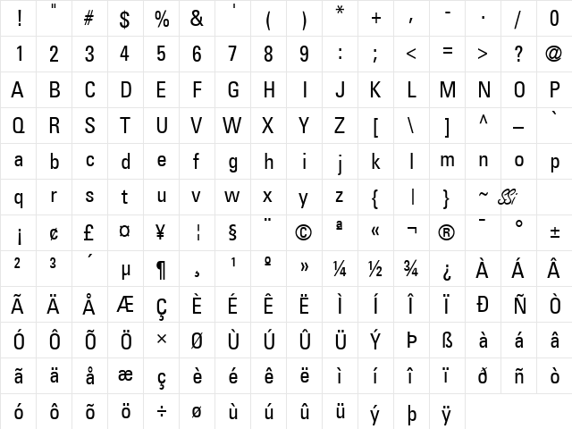 Nova Condensed SSi Condensed  glyph index