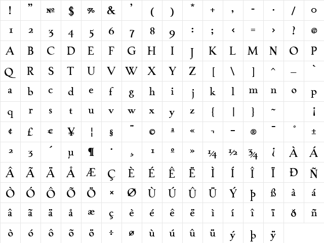 TaskBold Regular  glyph index